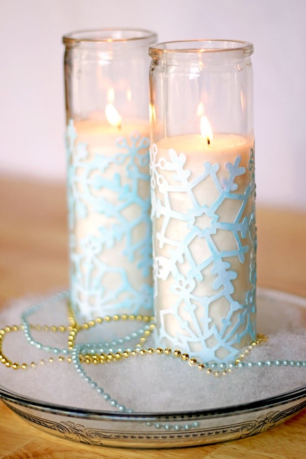 embellished snowflake candles for decorating your home for winter