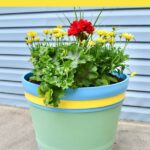 completed painted plastic flower pot with flowers