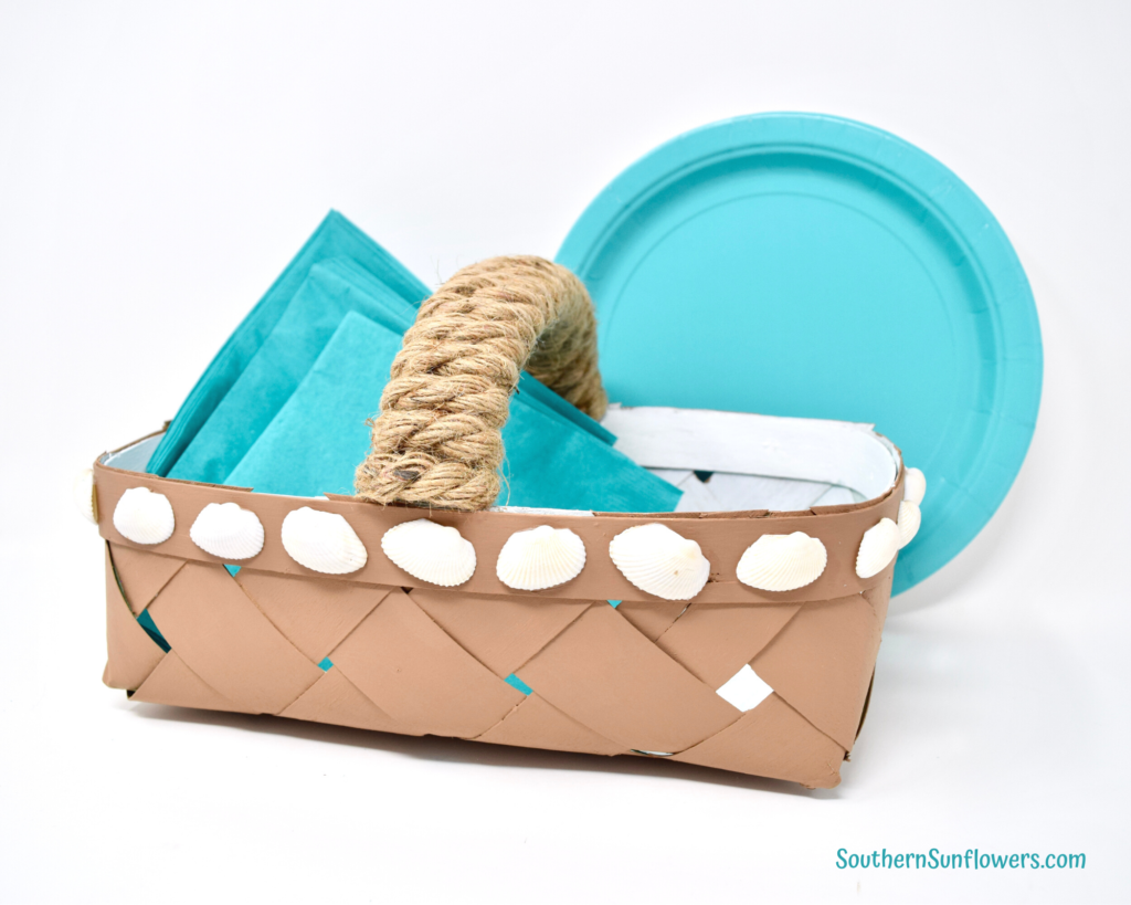 diy seashell basket craft filled with napkins