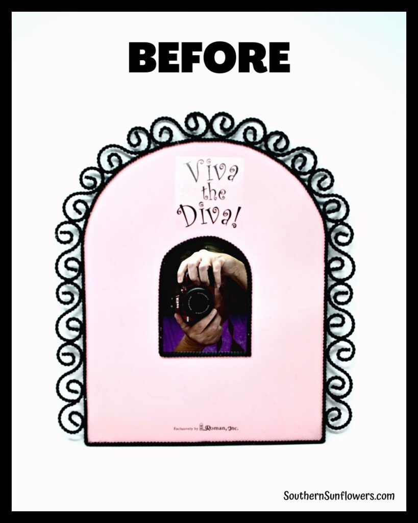 the before view of the thrift store mirror makeover with quote "viva the diva"