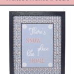 Pinterest graphic with the framed free printable for winter decor. Quote says "there's snow place like home."