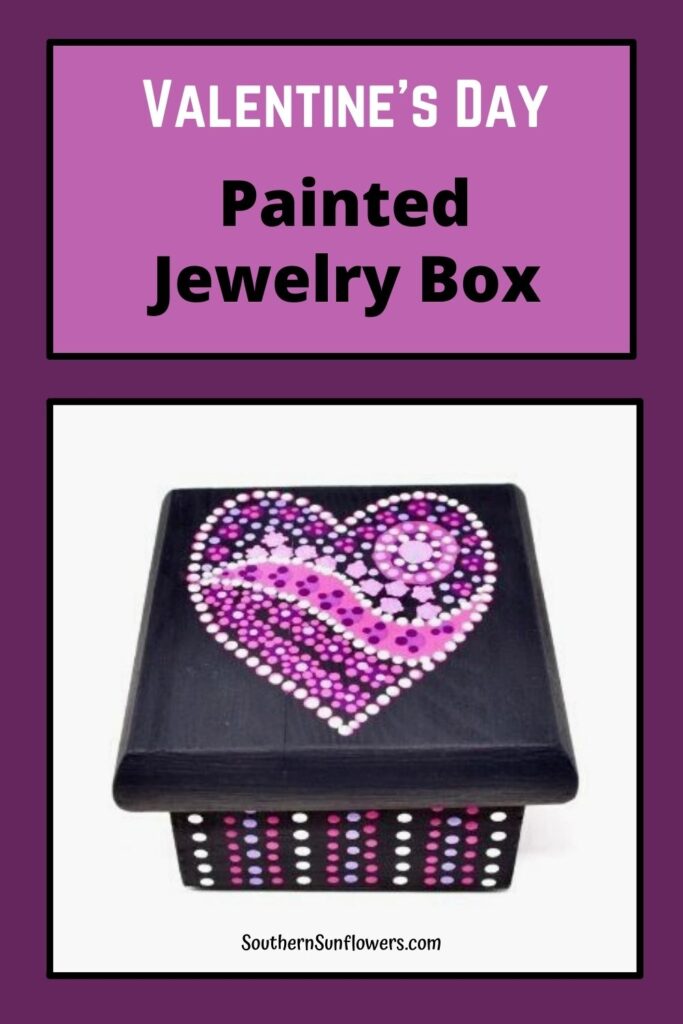 pinterest graphic with pink and black painted jewelry box for valentine's day