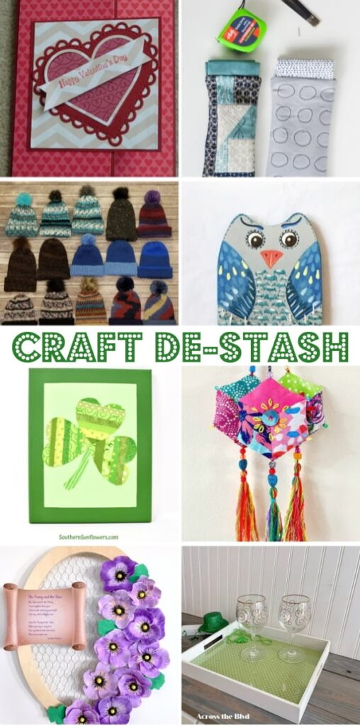 pinterest graphic with a variety of craft pictures from bloggers of the de-stash group