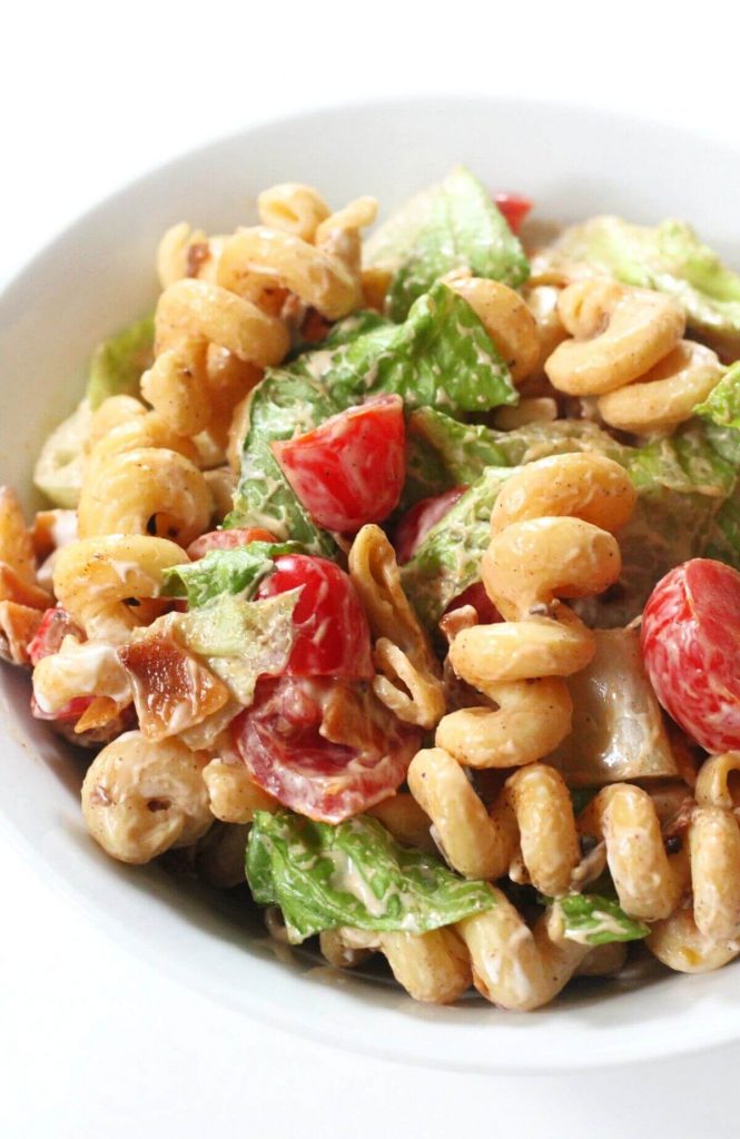 vegan blt pasta salad in bowl for a cookout party food ideas