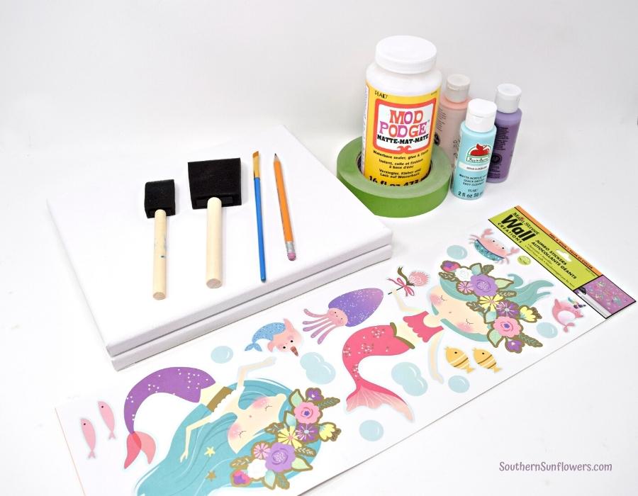 supplies needed for completing the dollar tree canvas idea using stickers project