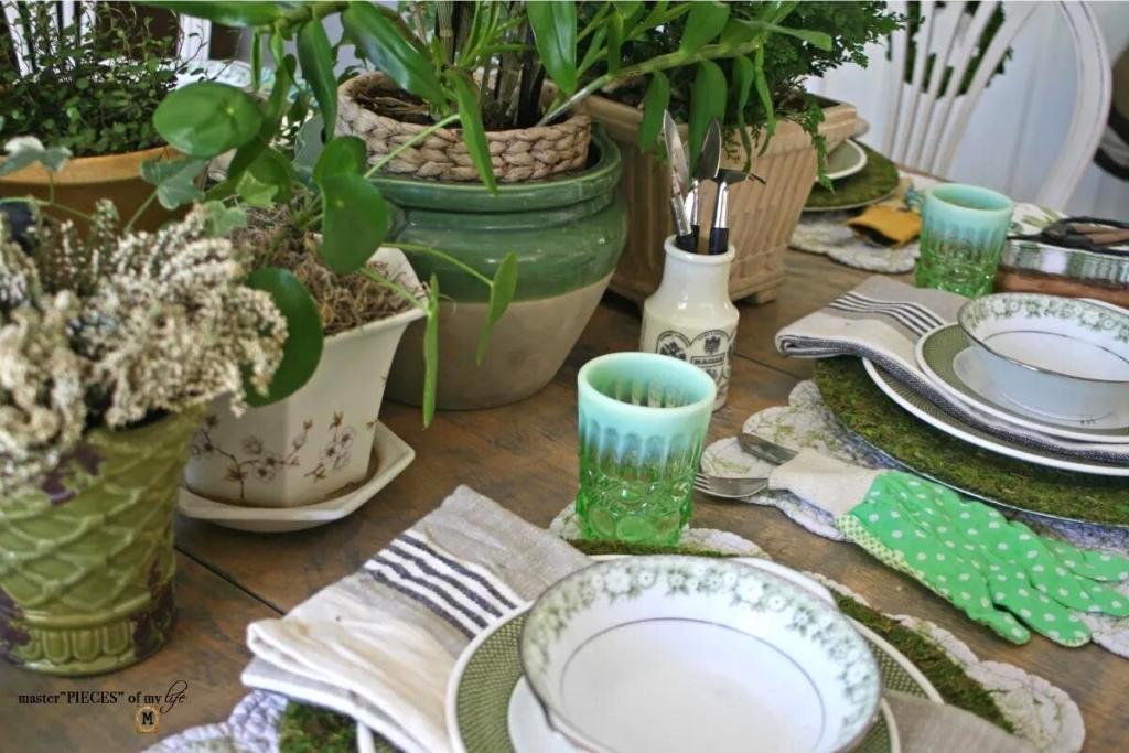 DIY tablescape with garden themed decorations