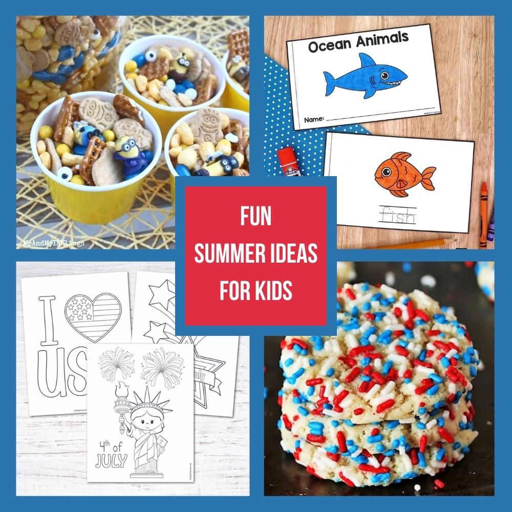 fun summer ideas for kids - coloring pages, ocean animal activity, minion snack mix, making sprinkle cookies