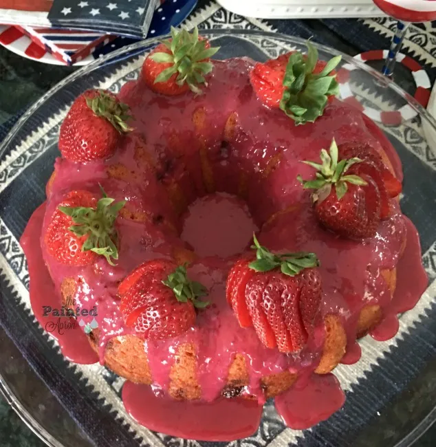 strawberry bundt cake on platter