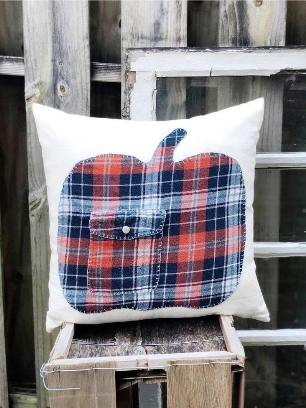 fall craft - pillow with upcycled flannel  pumpkin shape