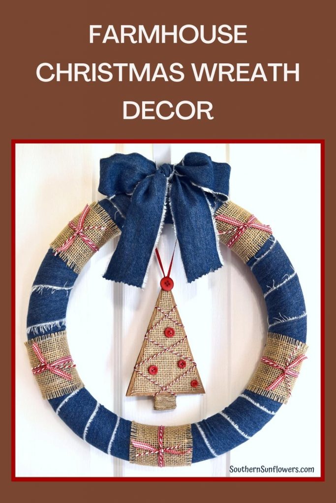 graphic showing farmhouse Christmas wreath decor along with the wreath photo