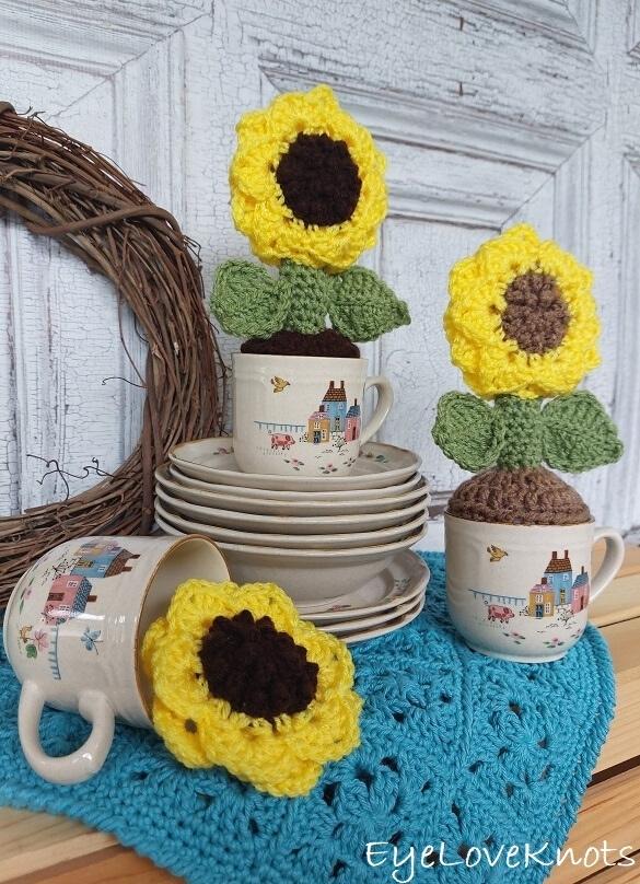 sunflower home decor - crocheted yellow sunflowers "potted" in coffee cups