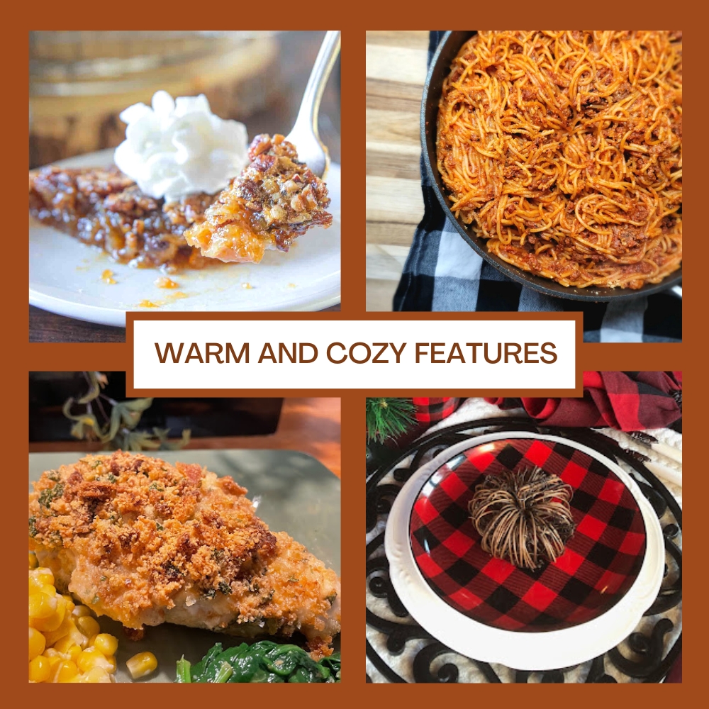 graphic for warm and cozy recipes pictured and one tablescape