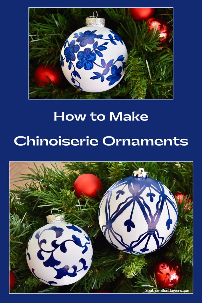 Pinterest graphic for how to make the 3 Chinoiserie ornaments pictured