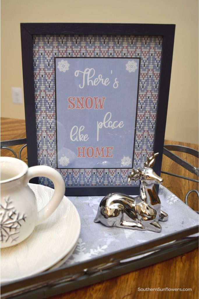winter tray decor idea showing framed winter printable featured on the decorative tray