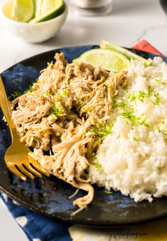 crockpot lime garlic chicken on blue plate that was featured at the Home Matters Link party 