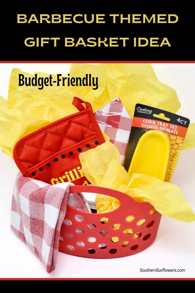 graphic for 'barbecue themed gift basket idea' showing basket filled with gifts