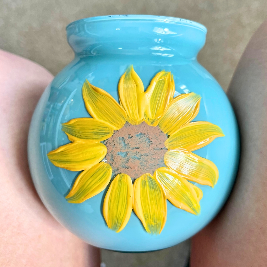 step 2 for using acrylic paint to create a sunflowers on a glass vase