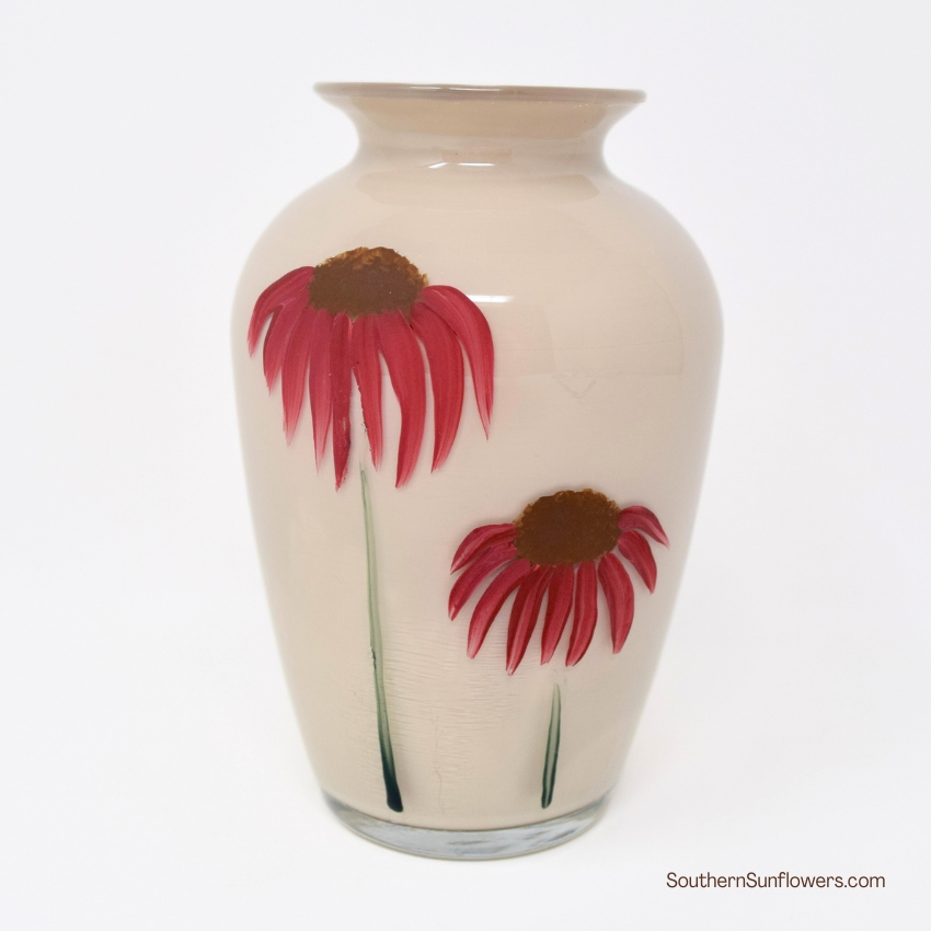 painted glass vase with flowers