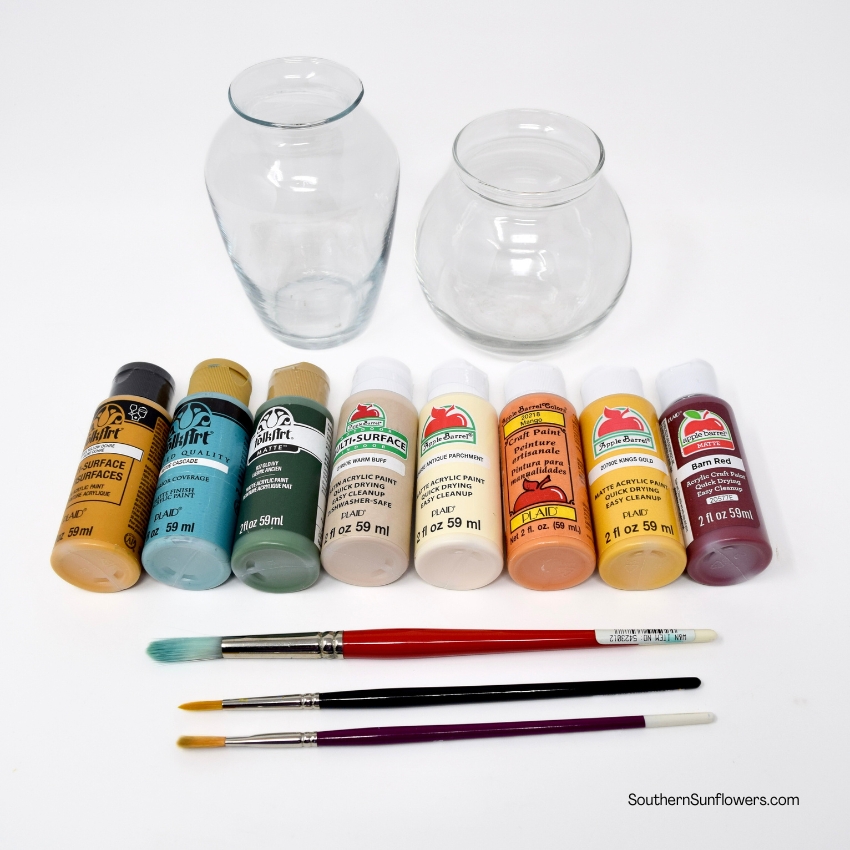 supplies needed for the glass vase makeover using acrylics and painted flowers