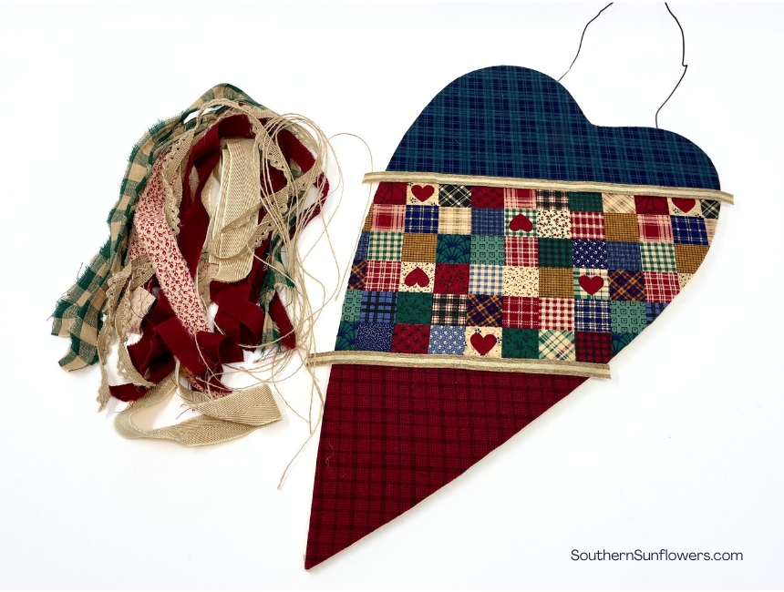 fabric strips chosen for the wood heart makeover
