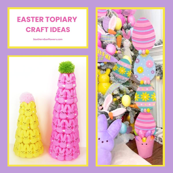 Two whimsical Easter topiary ideas in bright yellow and pink colors.