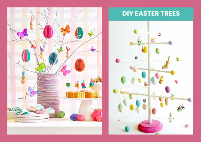 Two whimsical DIY Easter tree ideas decorated with ornaments.